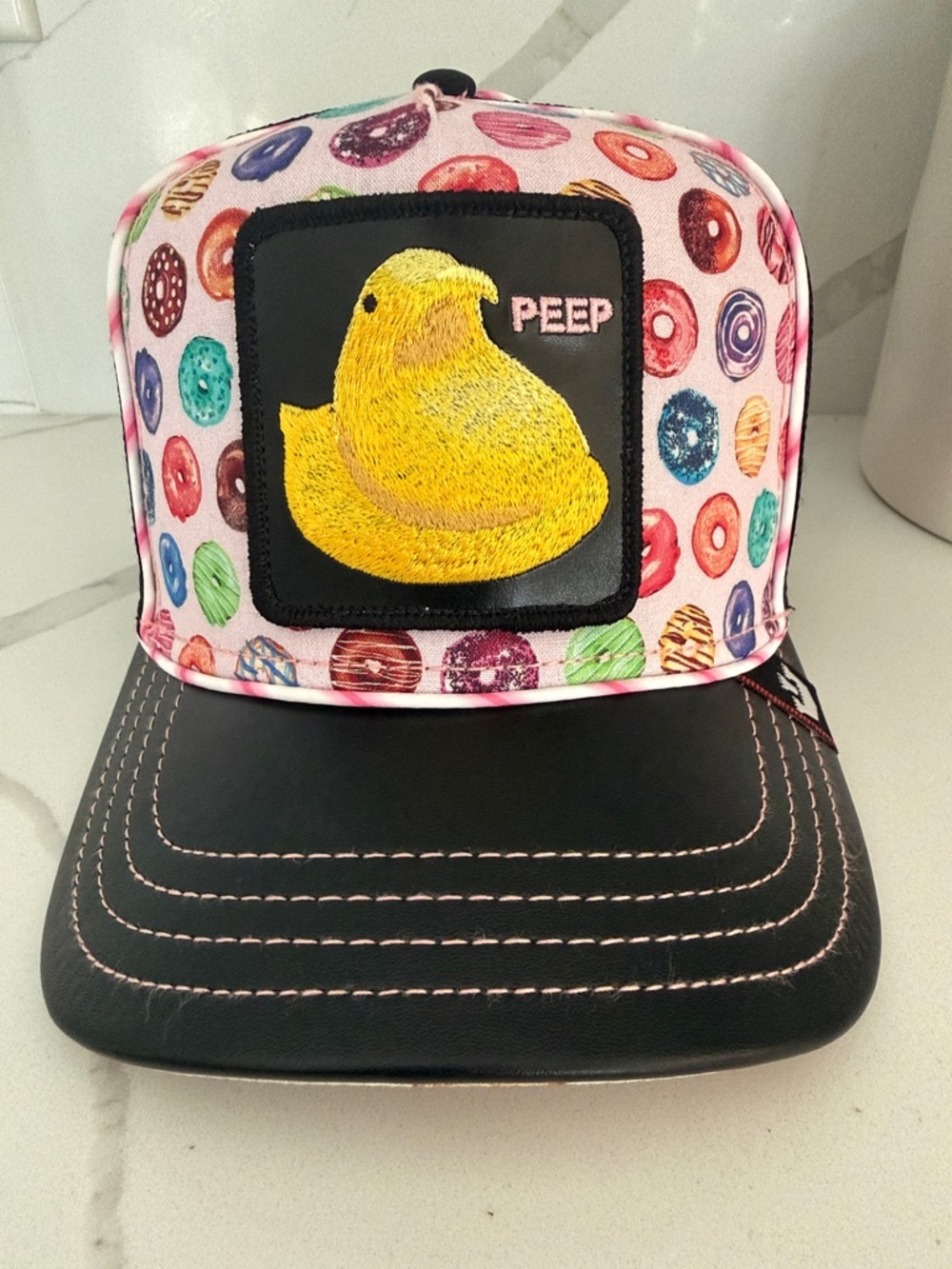 Goorin Bros Pink Donut Print Trucker Hat with Yellow Peep Patch